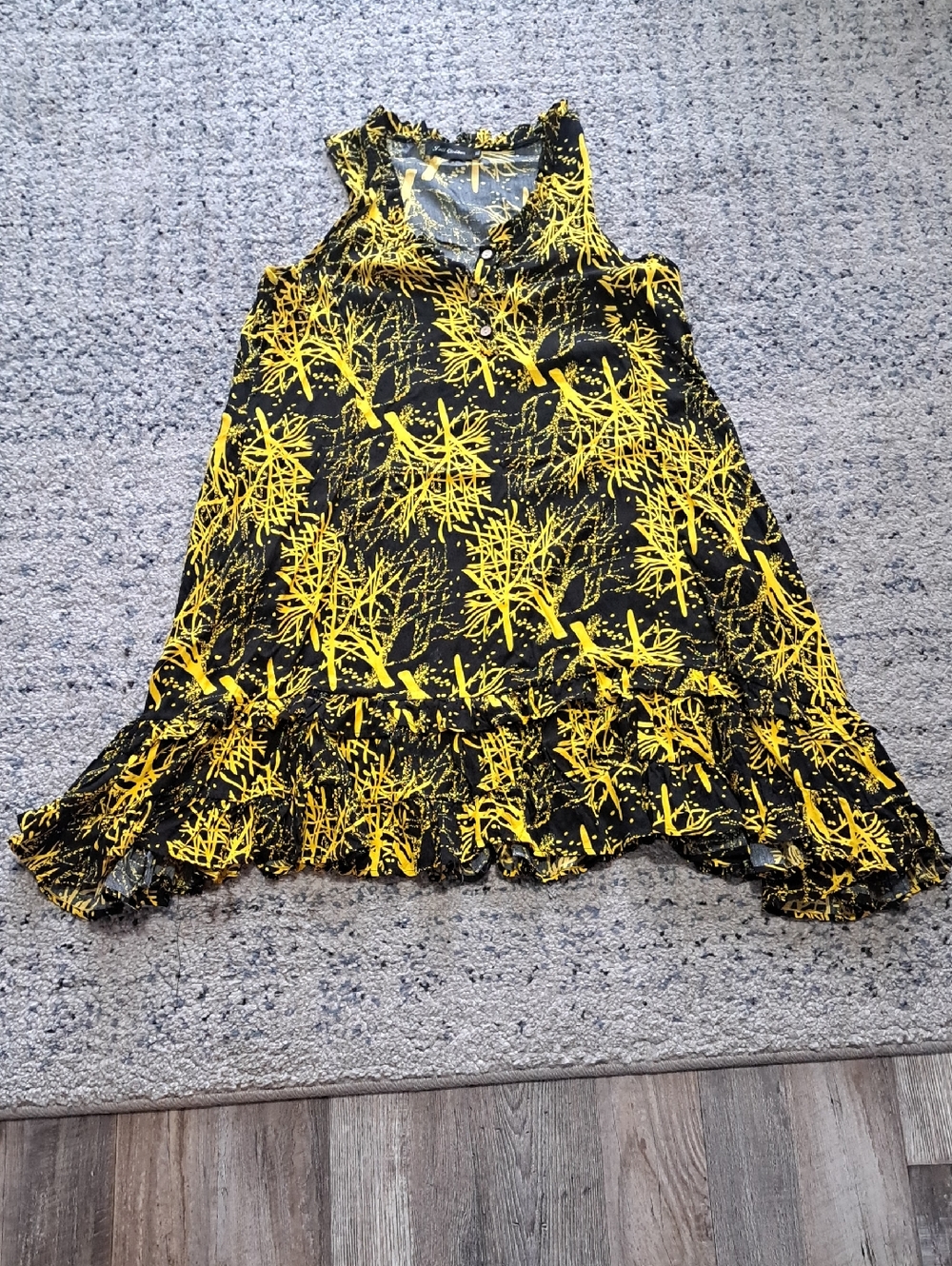 Sleeveless Black Dress with Yellow Botanical Print.. Pockets!